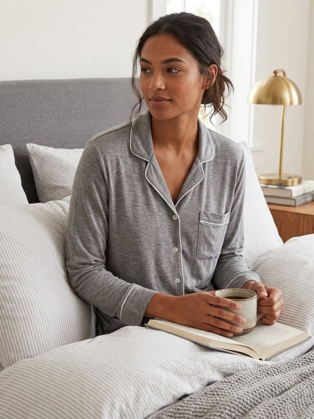 Cozy Earth Gray Long Sleeve Button Front Stretch Knit Pajama Top Sz M